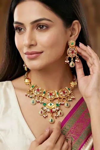 Lucky jewellery gold-plated ruby & green color traditional necklace set