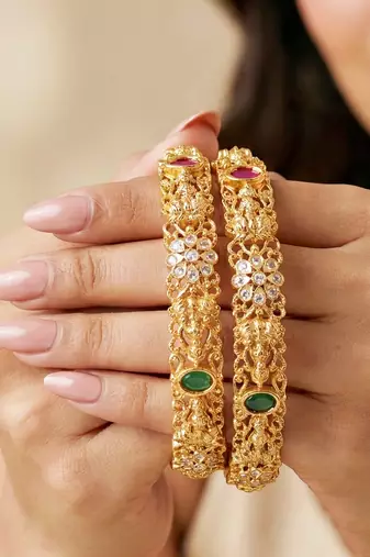 Gold laxmi temple ad bangle pink green
