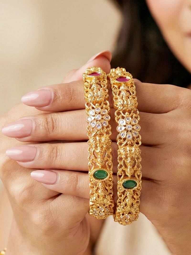 Gold laxmi temple ad bangle pink green