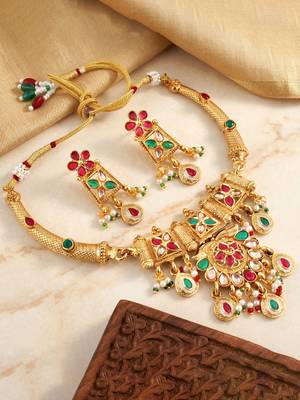 Lucky jewellery gold-plated ruby & green color traditional necklace set 5