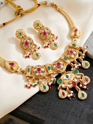 Lucky jewellery gold-plated ruby & green color traditional necklace set 3