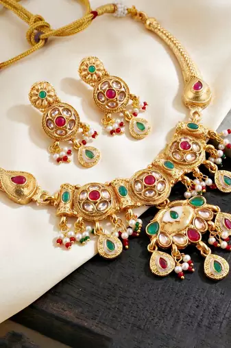 Lucky jewellery gold-plated ruby & green color traditional necklace set
