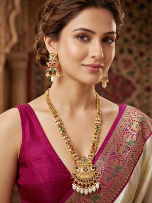 Lucky jewellery gold-plated ruby & green color long traditional necklace set 1