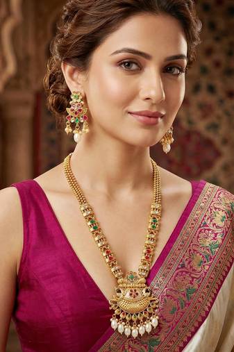 Lucky jewellery gold-plated ruby & green color long traditional necklace set