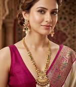 Lucky jewellery gold-plated ruby & green color long traditional necklace set