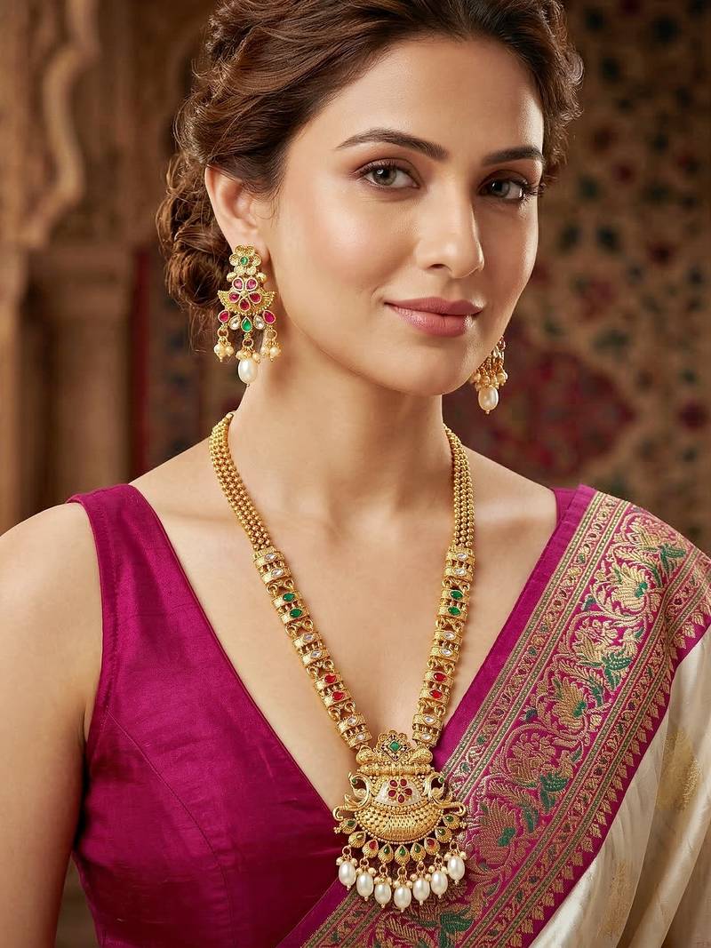 Lucky jewellery gold-plated ruby & green color long traditional necklace set