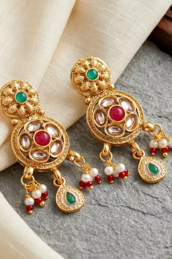Lucky jewellery gold-plated ruby & green color traditional necklace set