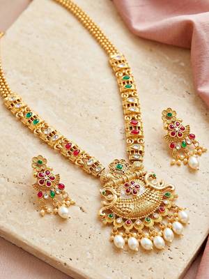 Lucky jewellery gold-plated ruby & green color long traditional necklace set 2