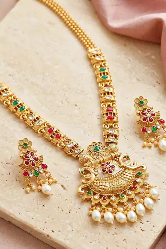 Lucky jewellery gold-plated ruby & green color long traditional necklace set