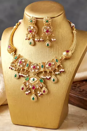 Lucky jewellery gold-plated ruby & green color traditional necklace set