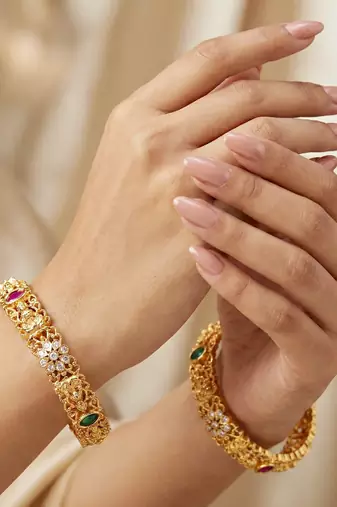 Gold laxmi temple ad bangle pink green
