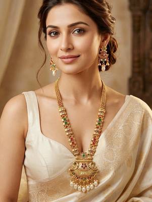 Lucky jewellery gold-plated ruby & green color long traditional necklace set 3
