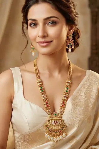 Lucky jewellery gold-plated ruby & green color long traditional necklace set