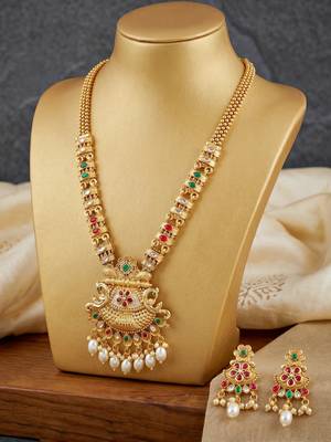 Lucky jewellery gold-plated ruby & green color long traditional necklace set 4