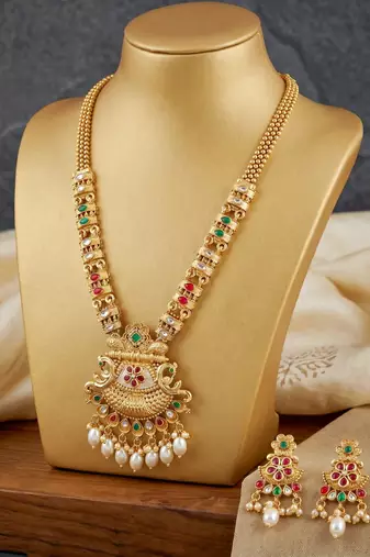 Lucky jewellery gold-plated ruby & green color long traditional necklace set