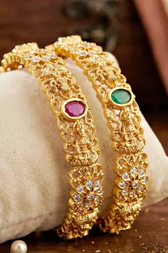 Gold laxmi temple ad bangle pink green