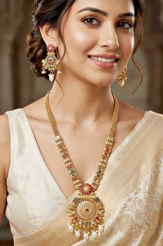 Lucky jewellery gold-plated ruby & green color long traditional necklace set