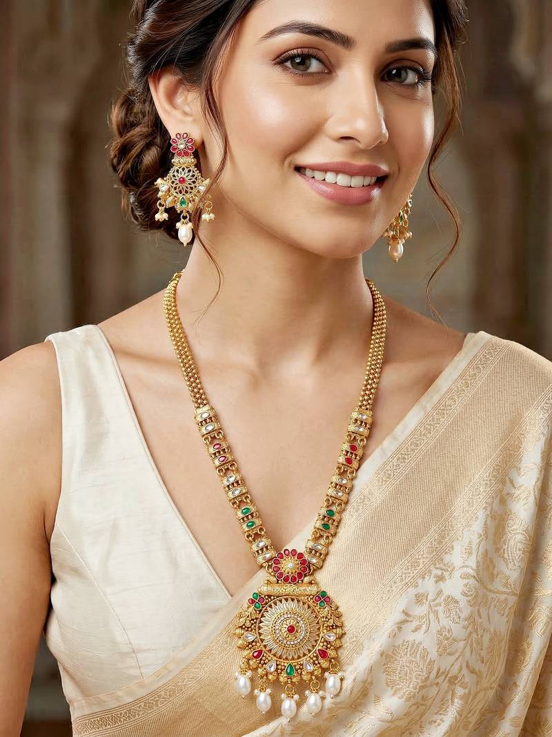 Lucky jewellery gold-plated ruby & green color long traditional necklace set