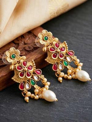 Lucky jewellery gold-plated ruby & green color long traditional necklace set 5