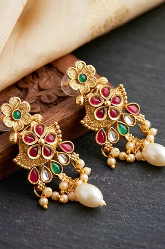 Lucky jewellery gold-plated ruby & green color long traditional necklace set