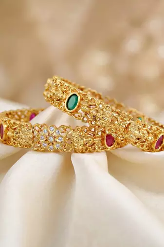 Gold laxmi temple ad bangle pink green