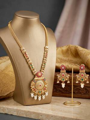 Lucky jewellery gold-plated ruby & green color long traditional necklace set 2
