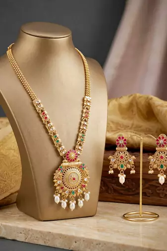 Lucky jewellery gold-plated ruby & green color long traditional necklace set