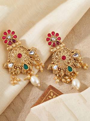 Lucky jewellery gold-plated ruby & green color long traditional necklace set 3