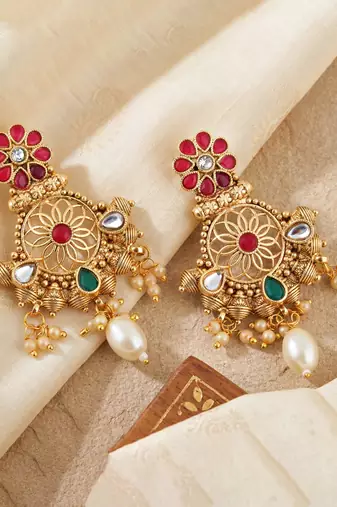 Lucky jewellery gold-plated ruby & green color long traditional necklace set