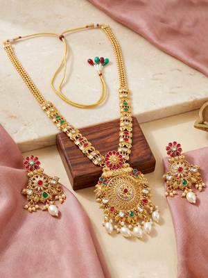 Lucky jewellery gold-plated ruby & green color long traditional necklace set 4