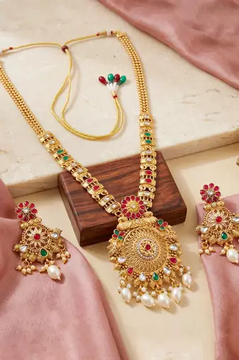 Lucky jewellery gold-plated ruby & green color long traditional necklace set