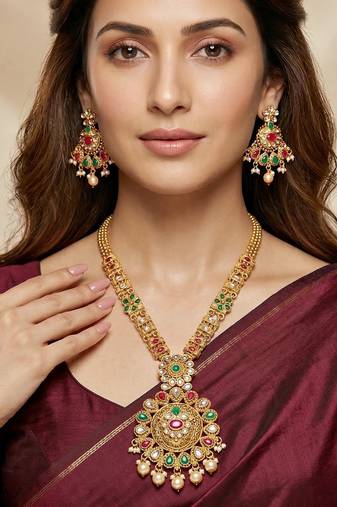 Lucky jewellery gold-plated ruby & green color long traditional necklace set