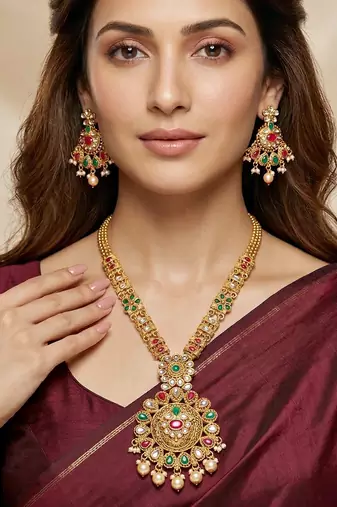 Lucky jewellery gold-plated ruby & green color long traditional necklace set
