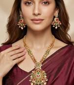 Lucky jewellery gold-plated ruby & green color long traditional necklace set