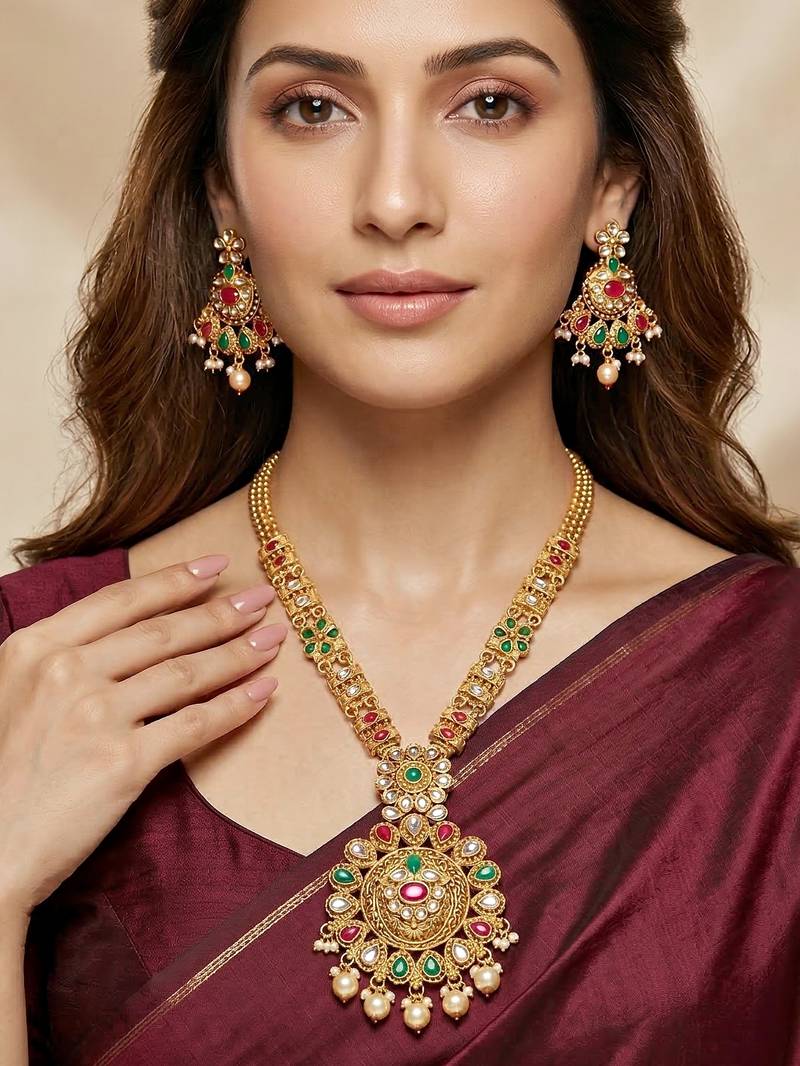 Lucky jewellery gold-plated ruby & green color long traditional necklace set