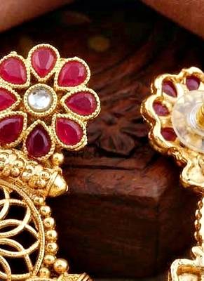 Lucky jewellery gold-plated ruby & green color long traditional necklace set 5