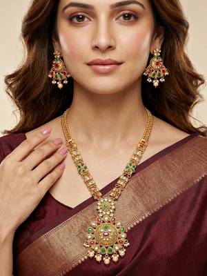 Lucky jewellery gold-plated ruby & green color long traditional necklace set 2