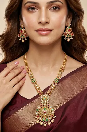 Lucky jewellery gold-plated ruby & green color long traditional necklace set