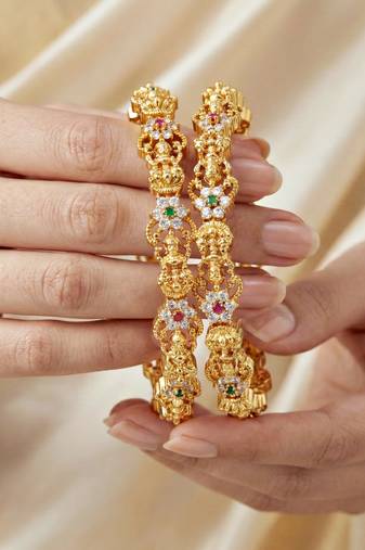 Gold ganesh peacock ad bangle pink green