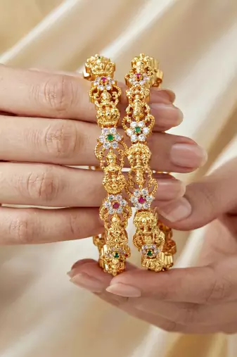 Gold ganesh peacock ad bangle pink green