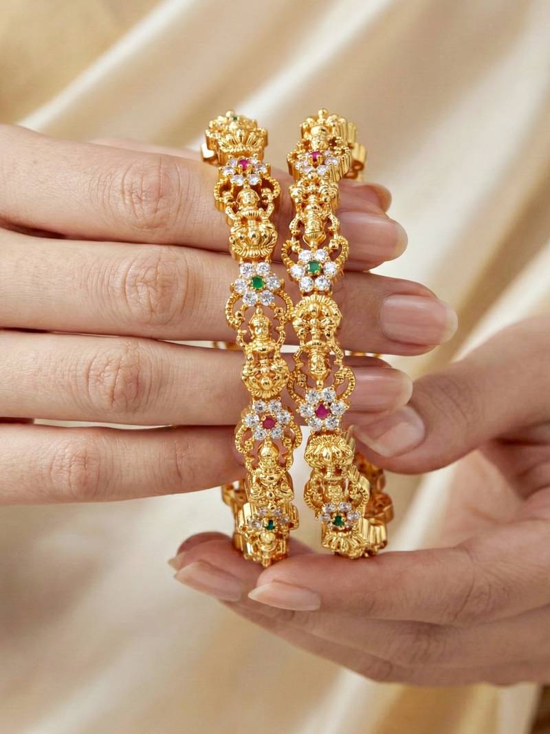 Gold ganesh peacock ad bangle pink green