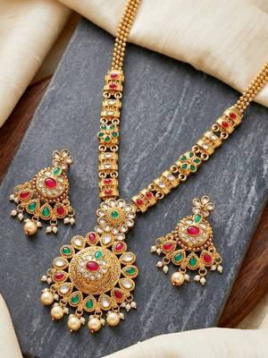 Lucky jewellery gold-plated ruby & green color long traditional necklace set 3