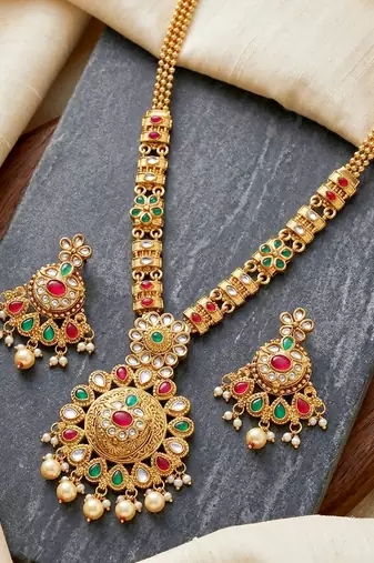 Lucky jewellery gold-plated ruby & green color long traditional necklace set