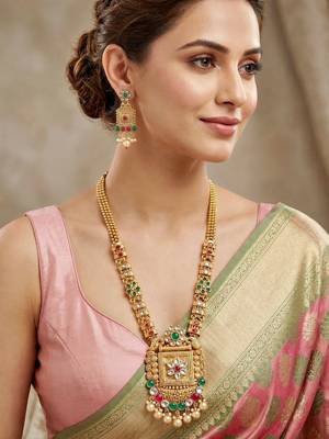 Lucky jewellery gold-plated ruby & green color long traditional necklace set 1