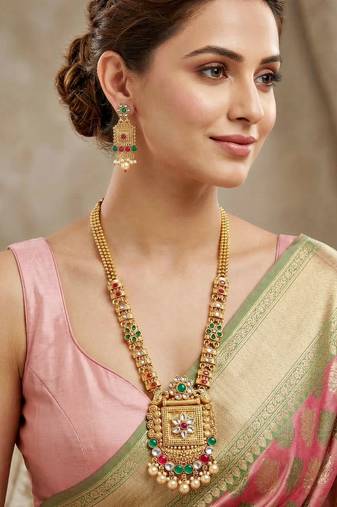 Lucky jewellery gold-plated ruby & green color long traditional necklace set