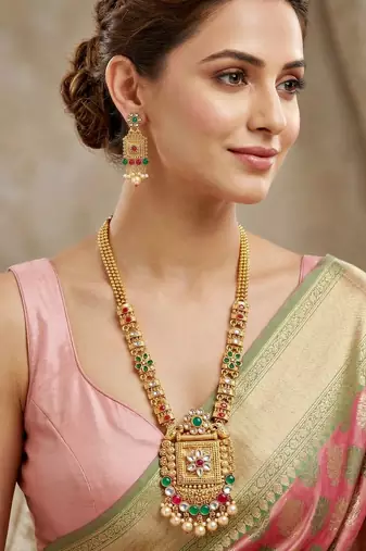 Lucky jewellery gold-plated ruby & green color long traditional necklace set