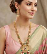 Lucky jewellery gold-plated ruby & green color long traditional necklace set
