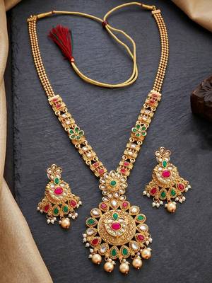 Lucky jewellery gold-plated ruby & green color long traditional necklace set 4