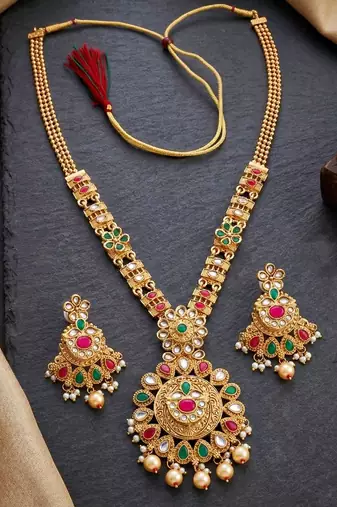 Lucky jewellery gold-plated ruby & green color long traditional necklace set