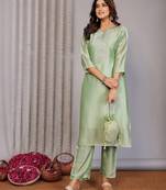 Women pista green plain chanderi kurta set